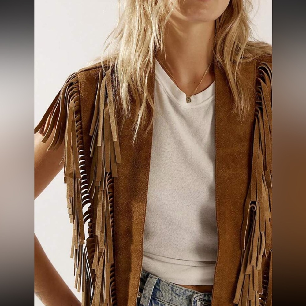 Western Camel Brown Faux Suede Fringe Collar Vest New Cowgirl Costume Halloween